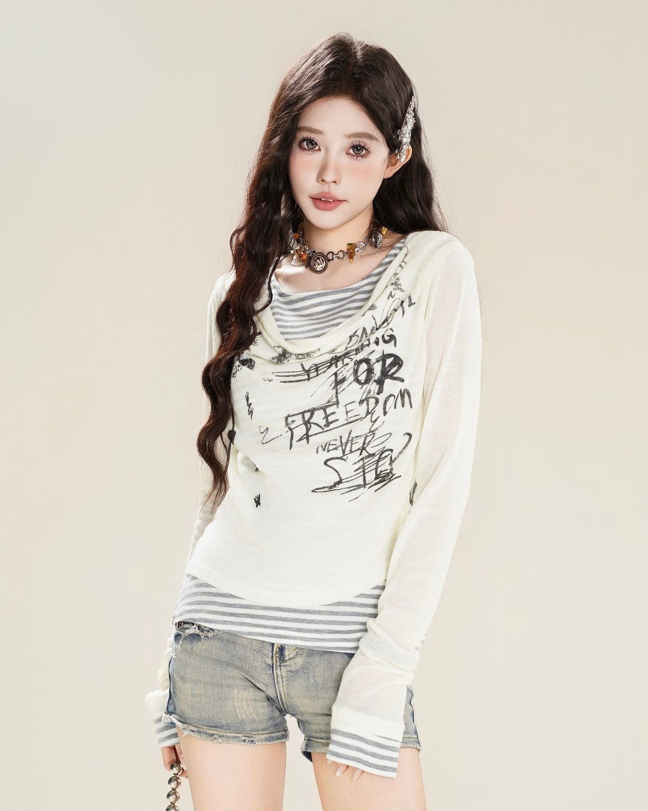 【2color】 Layered Graphic Mesh Long Sleeve Top mry001851