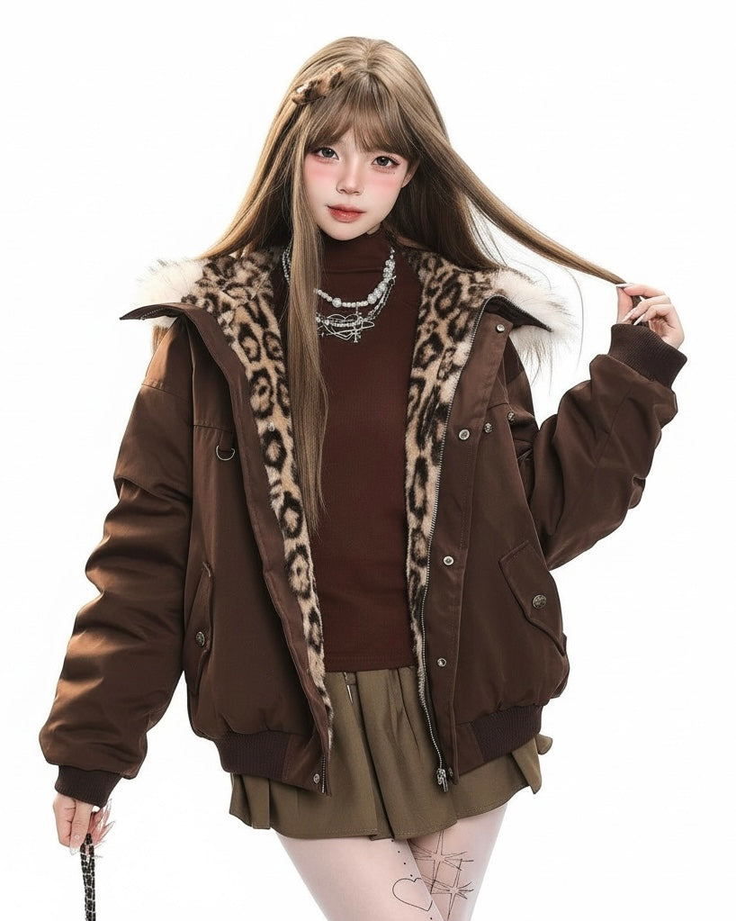 Leopard Lined Fur Hood Jacket mry002015