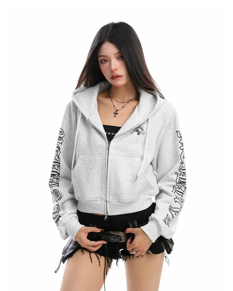 【Tops】Gothic Logo Cropped Zip Hoodie mry001888