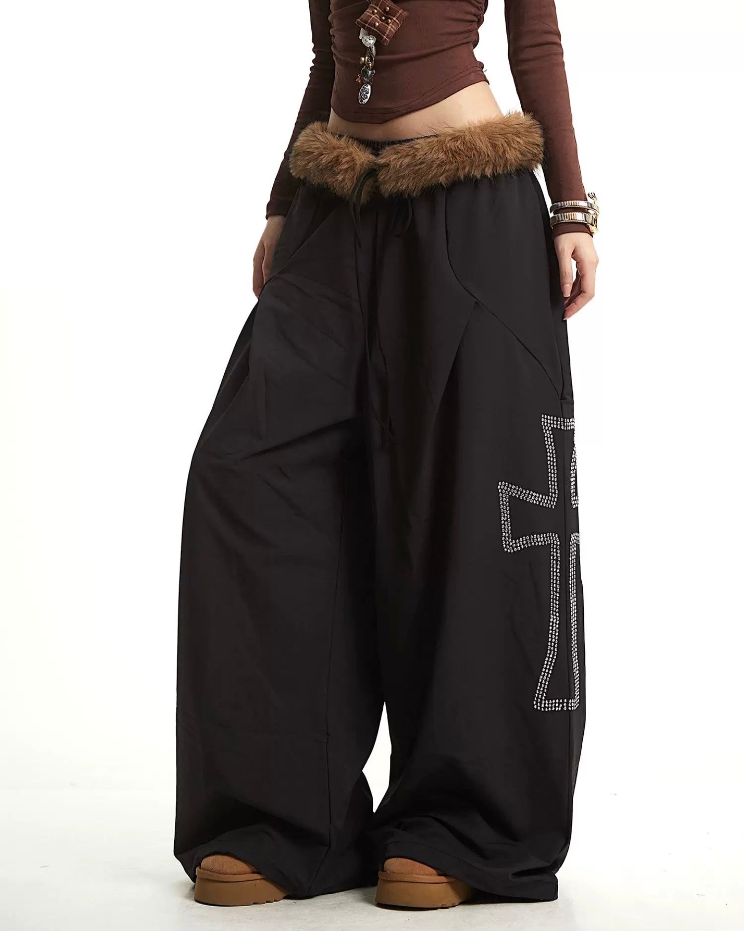 【YURU:FIT】Faux Fur Waist Wide-Leg Pants mry001879
