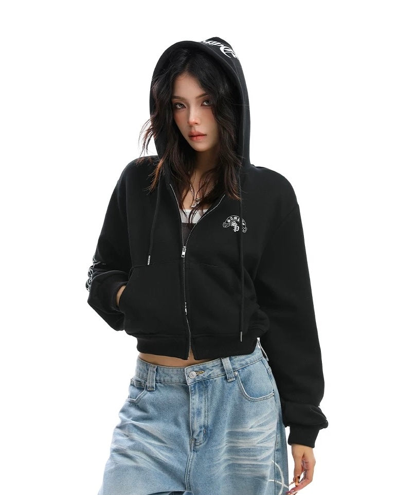 【Tops】Gothic Logo Cropped Zip Hoodie mry001888
