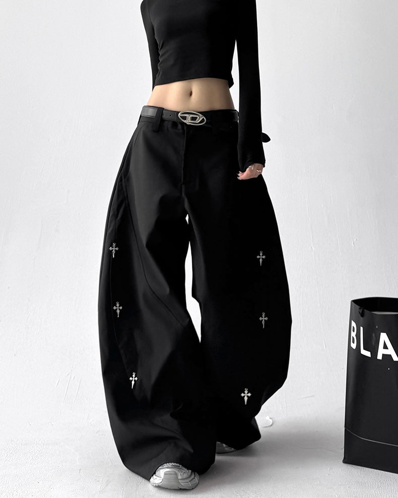 【COVER:FIT】 Cross Embroidery Wide-Leg Black Pants mry001871