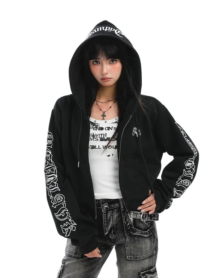 【Tops】Gothic Logo Cropped Zip Hoodie mry001888