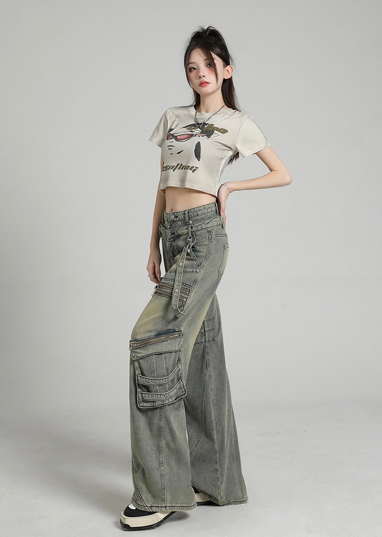 Y2K Multi-Zip Wide Cargo Denim Pants mry001672