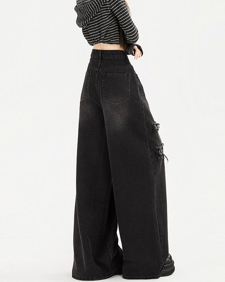 【COVER:FIT】Plaid Patch Ripped Wide-Leg Jeans mry001872