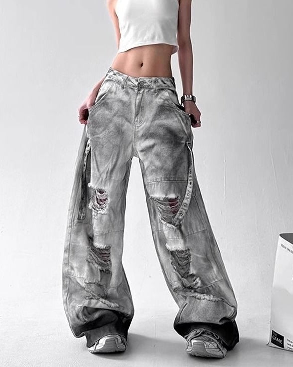 Washed Grey Distressed Cargo Pants mry001807