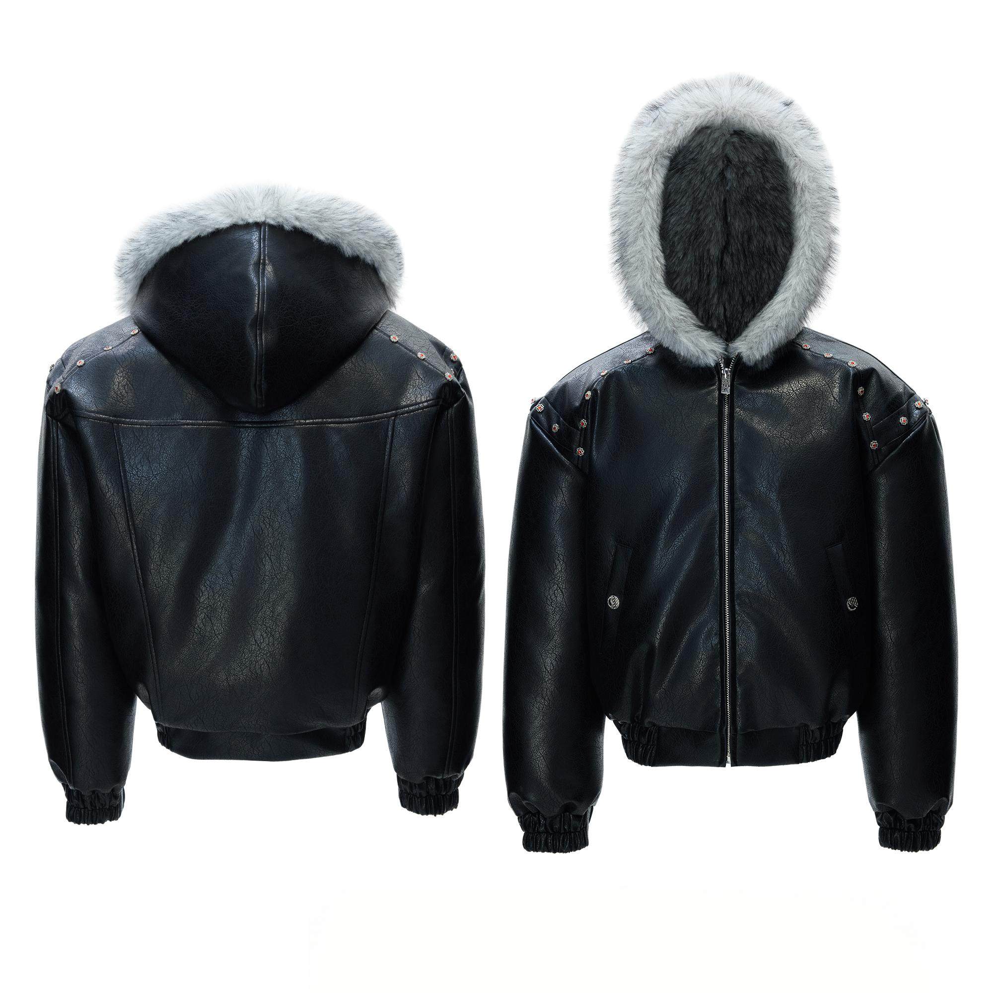 Unisex Fur Hood Leather Jacket mry002028