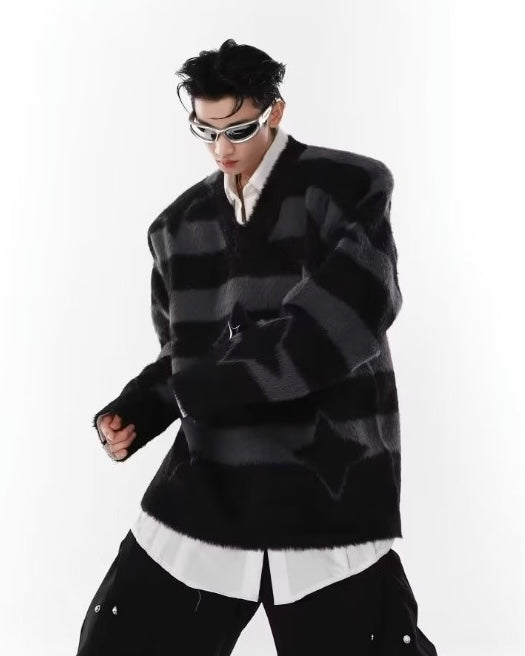 【2color】Star Pattern Striped Mohair Knit Sweater mry001827