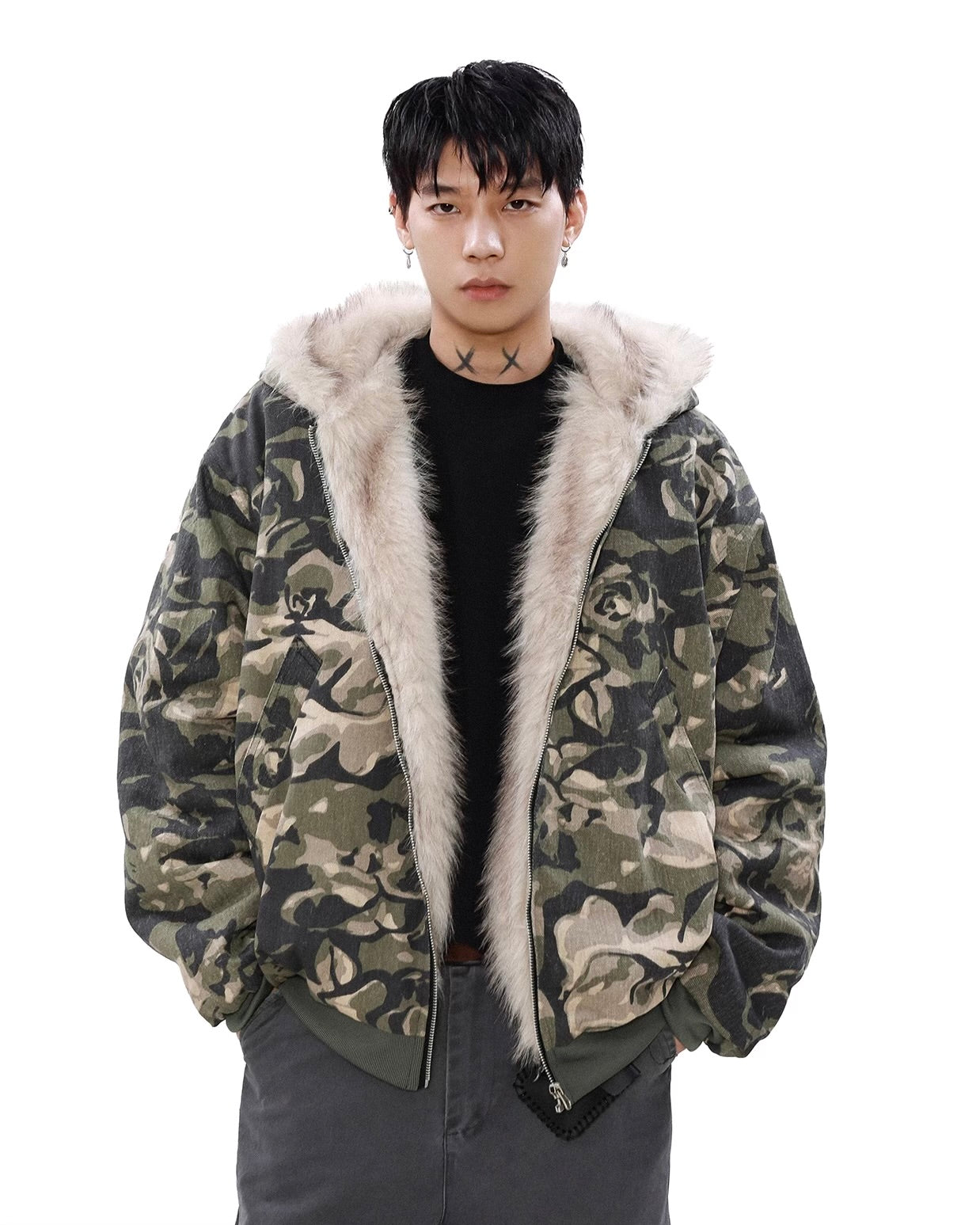 『評価★4.8以上/トレンド大人気アウター』Camo Fur-Lined Hooded Jacket mry001848
