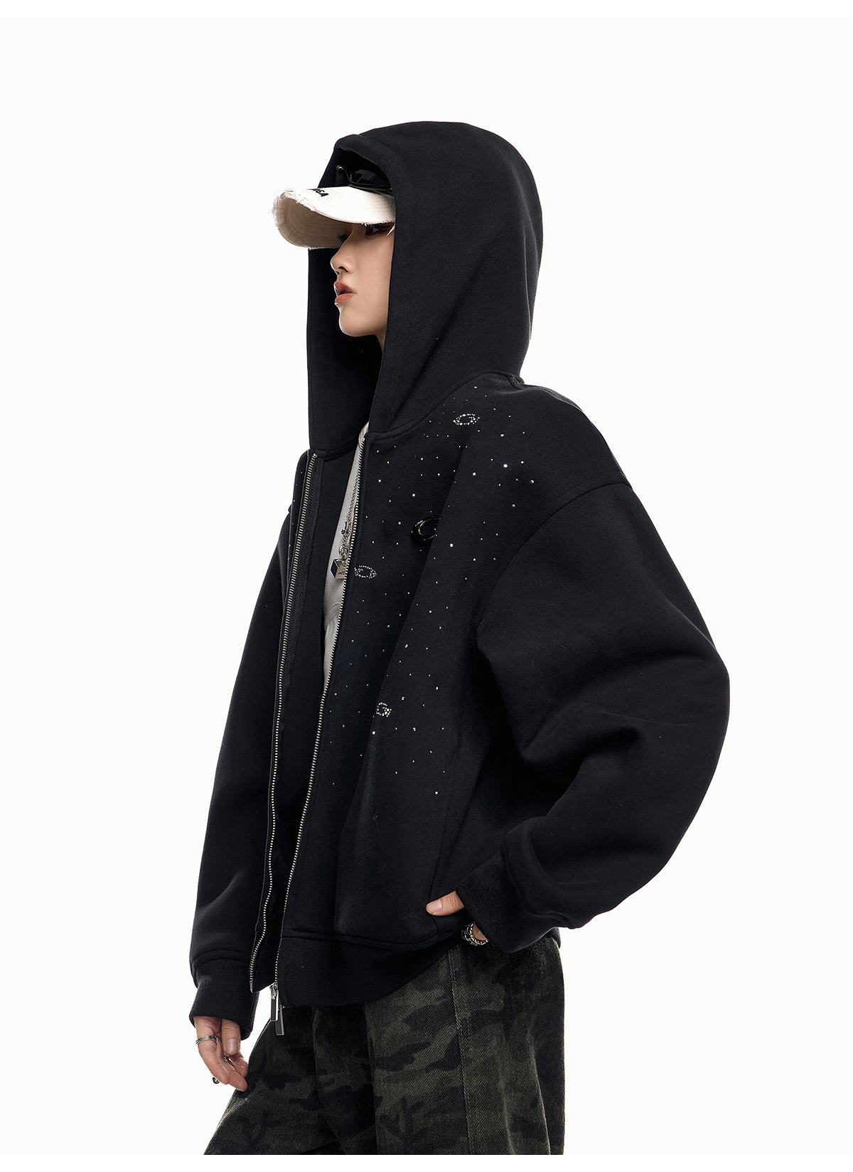 【評価★4.8以上/高品質】Rhinestone Embellished Oversized Zip Hoodie mry001898