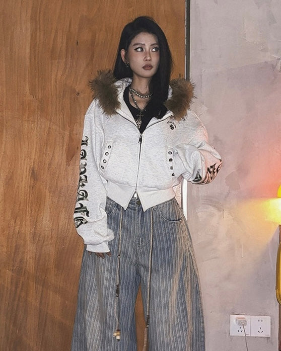 Fur Hooded Zip-Up Jacket mry002019