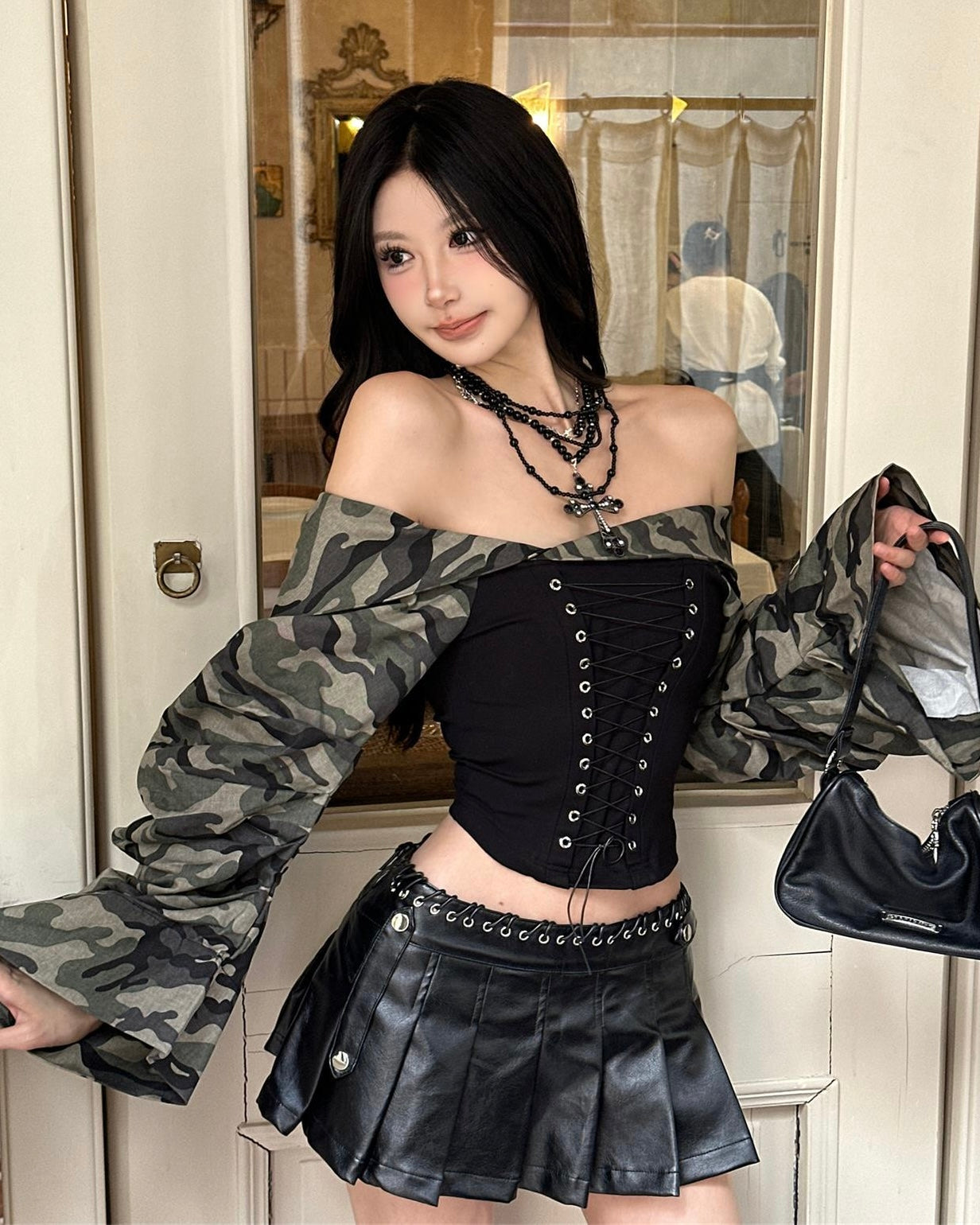Camo Sleeve Corset Top mry001852