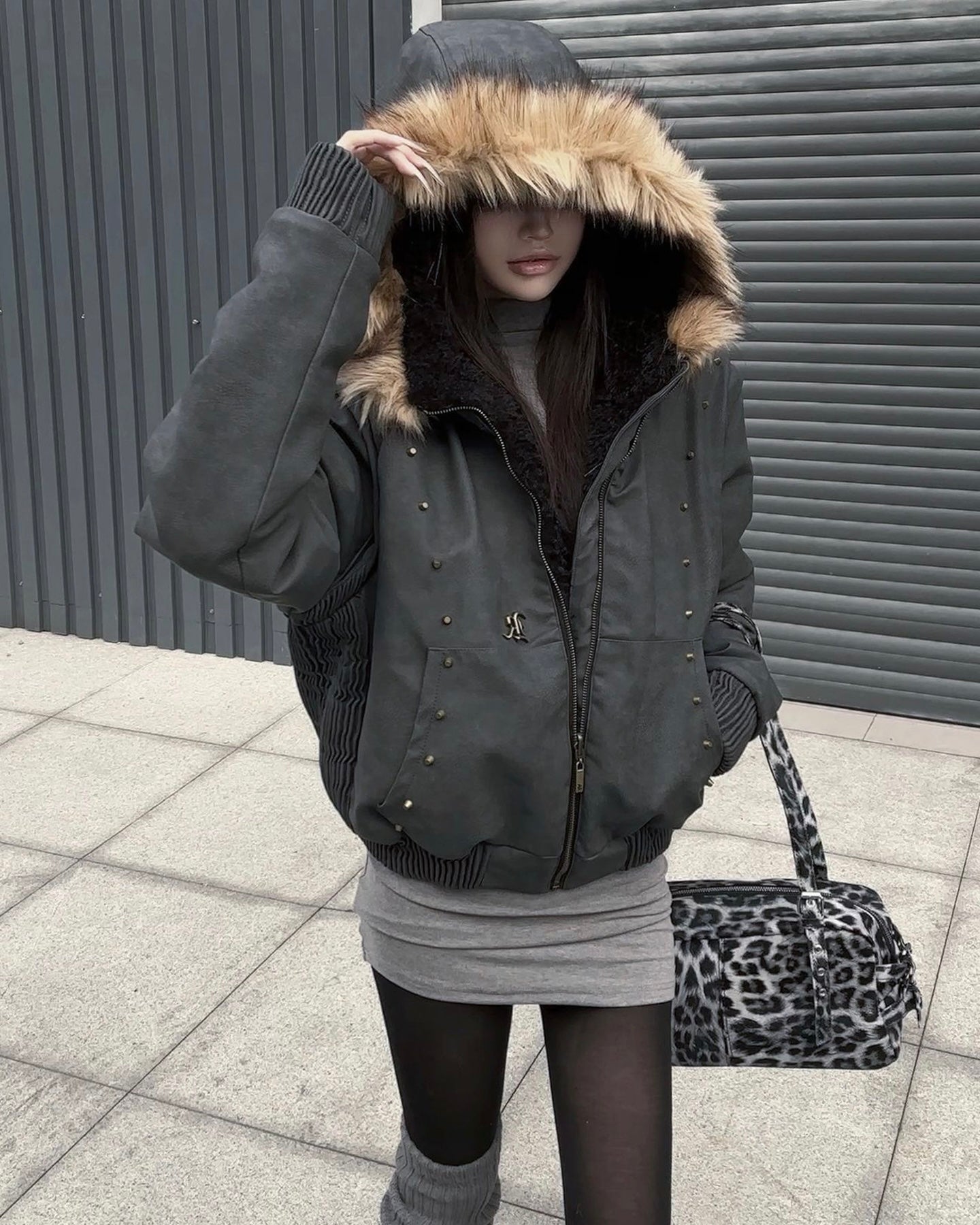 Studded Fur Hood Bomber Jacket mry002077