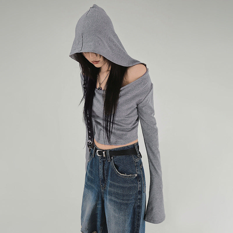 Off-Shoulder Hooded Crop Top mry001664