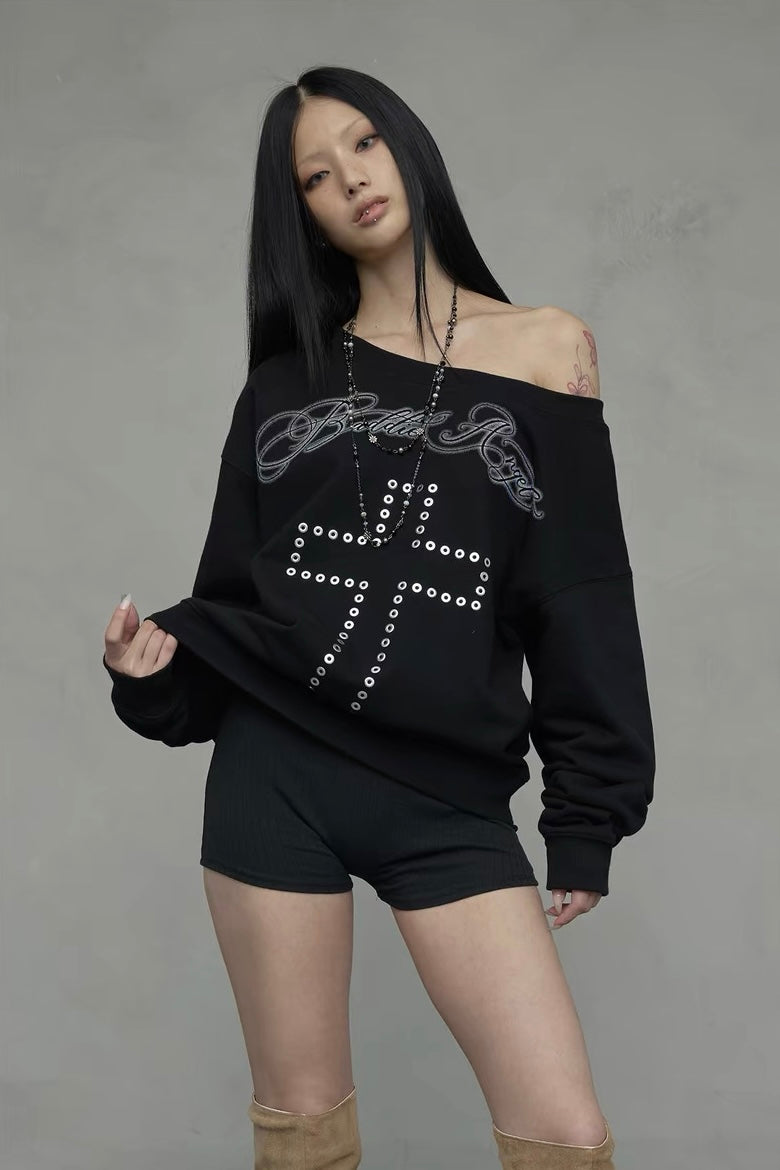 Off-Shoulder Studded Cross Top mry002303