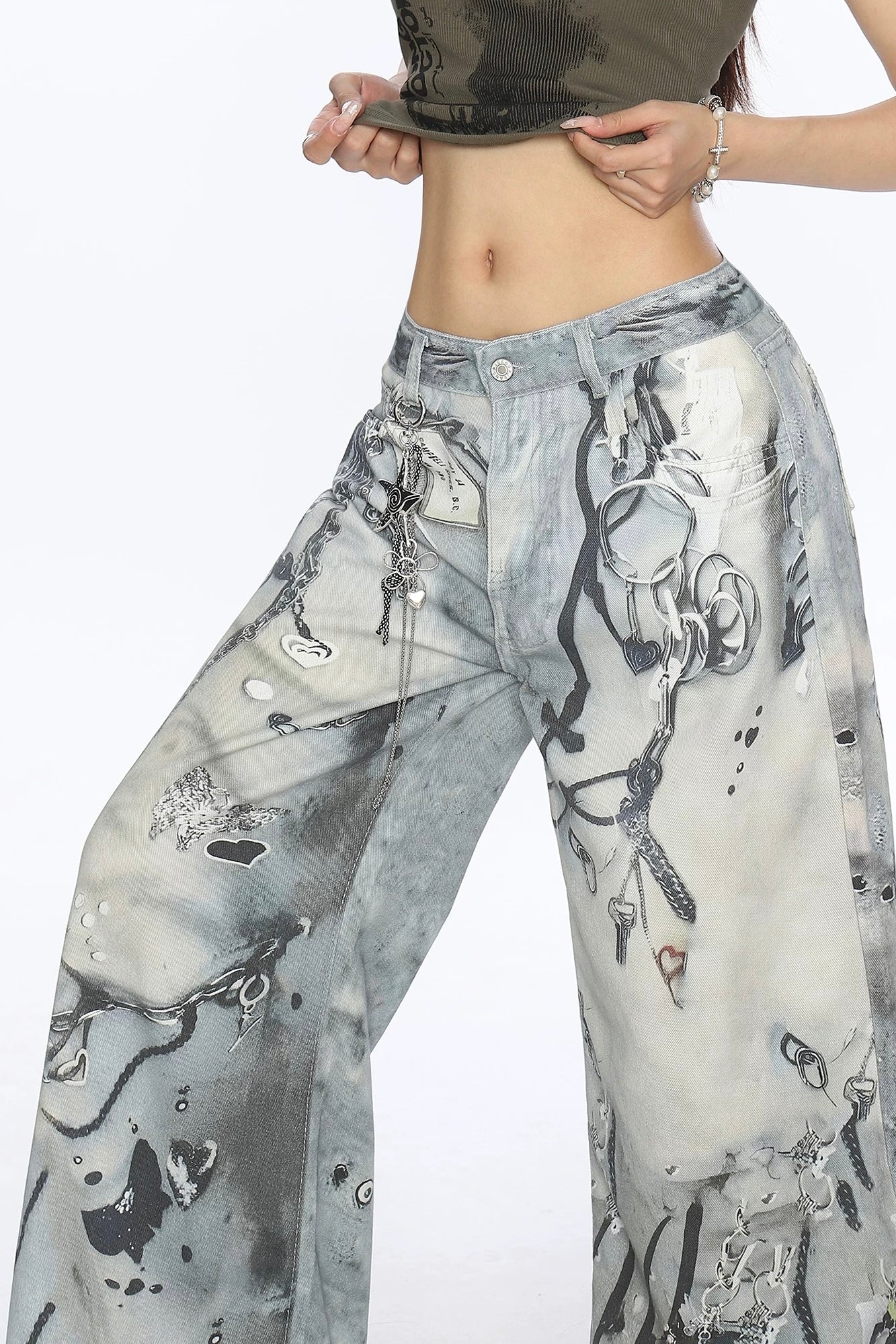 【ボトムス】グラフィックワイドデニムパンツ mry002380