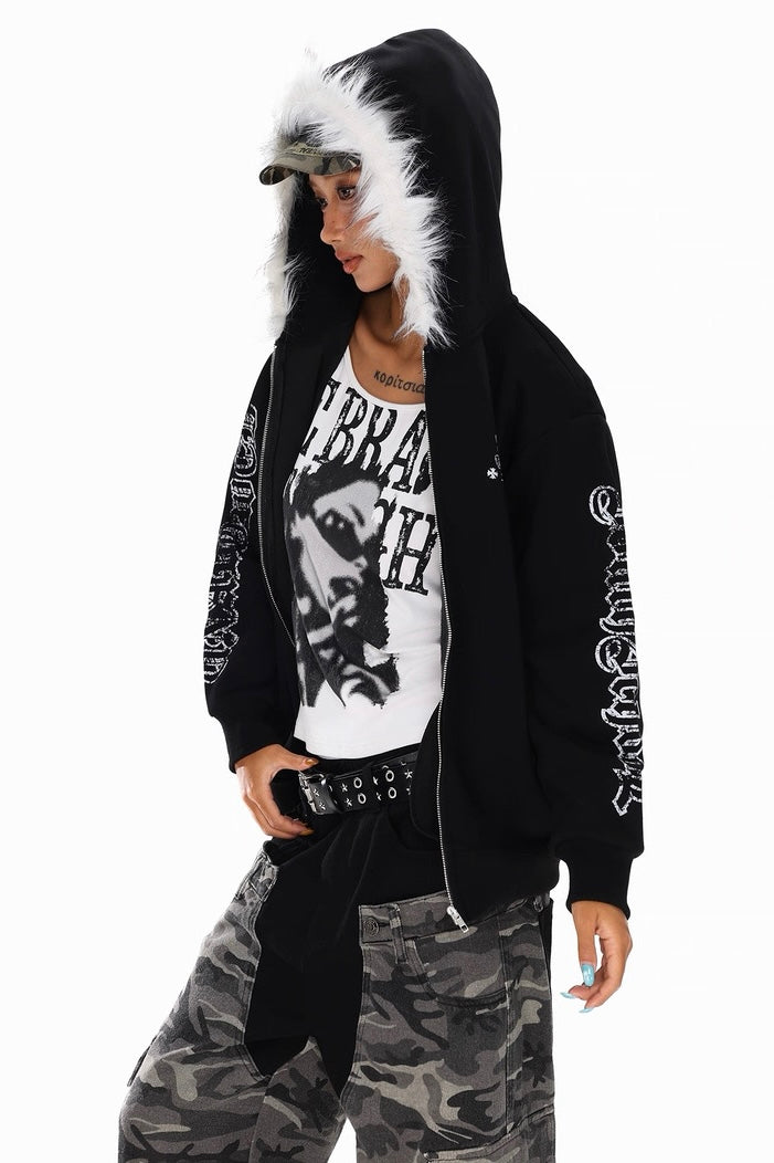 Fur Hood Gothic Zip Hoodie Jacket mry002246
