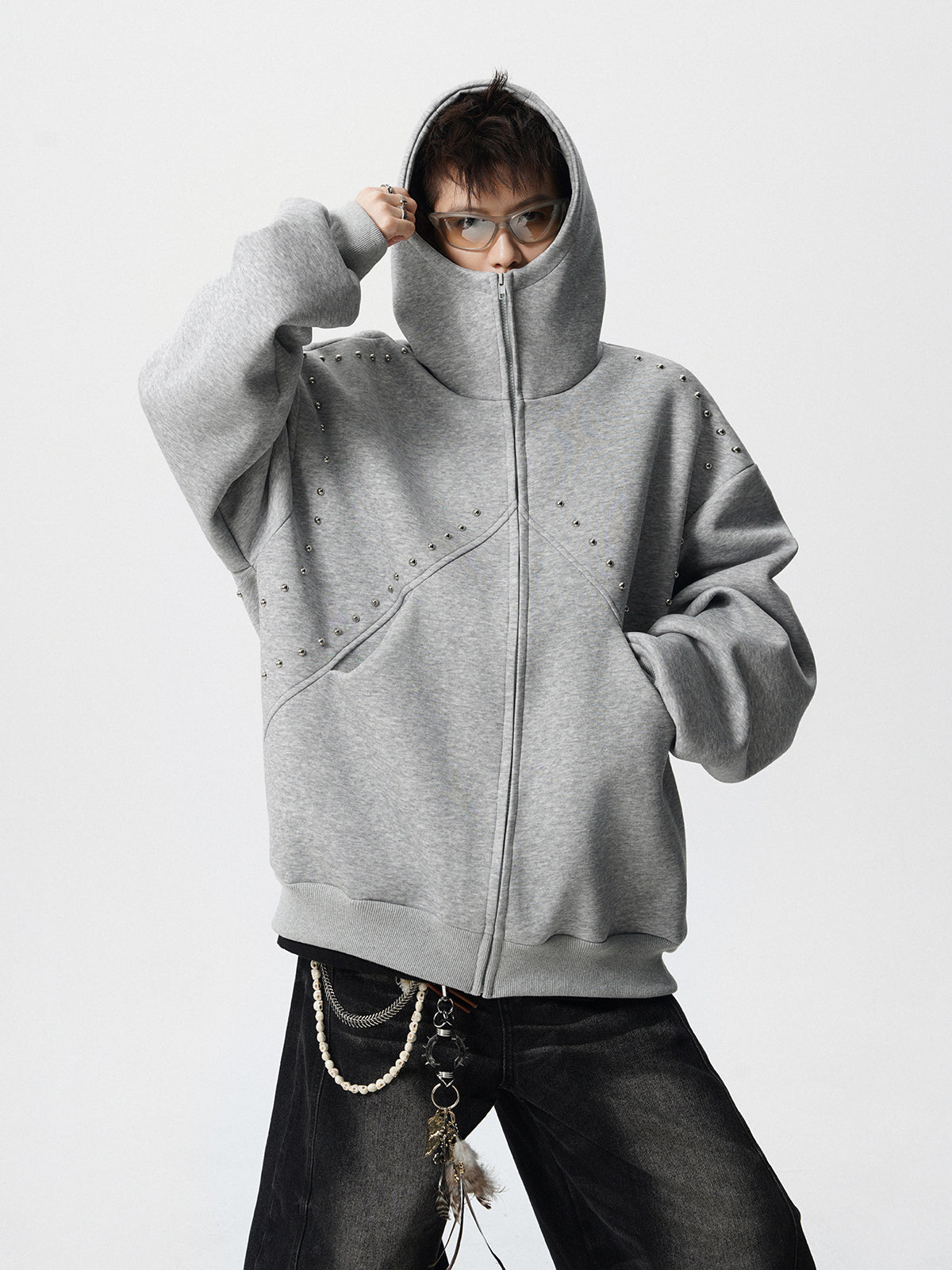 【評価★4.8以上/3color】Studded Oversized Zip Hoodie mry001897