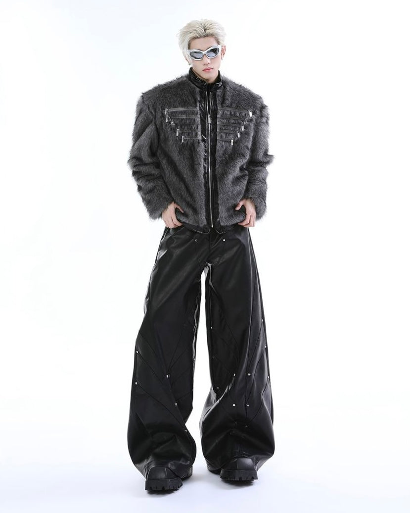 Faux Fur Panelled Leather Zip-Up Jacket mry001835