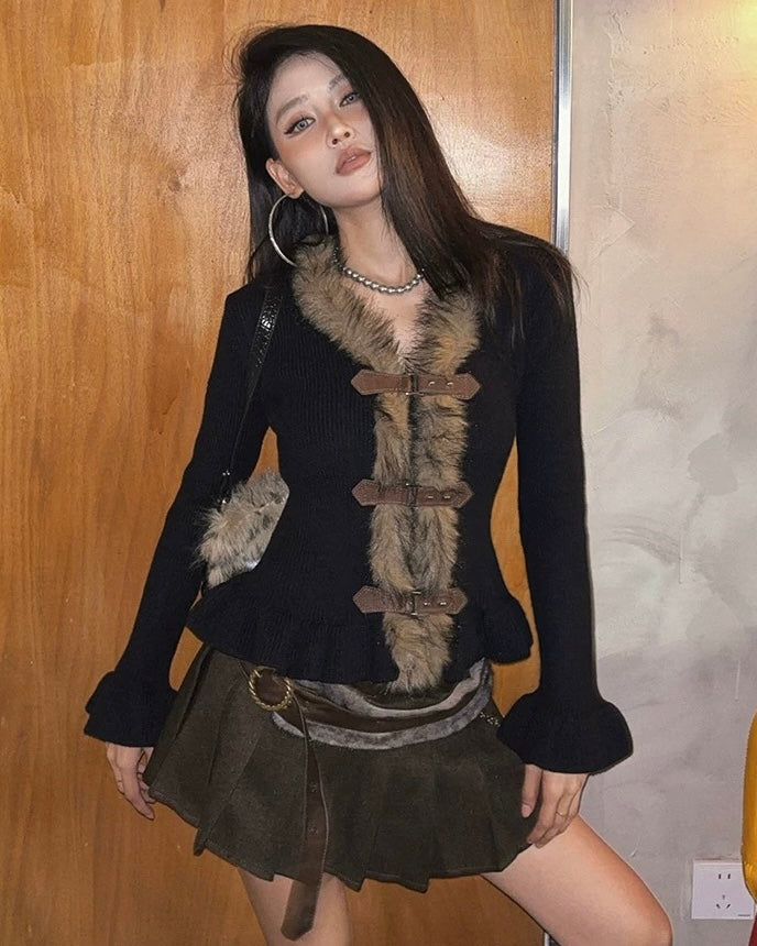 Faux Fur Toggle Knit Cardigan mry002093