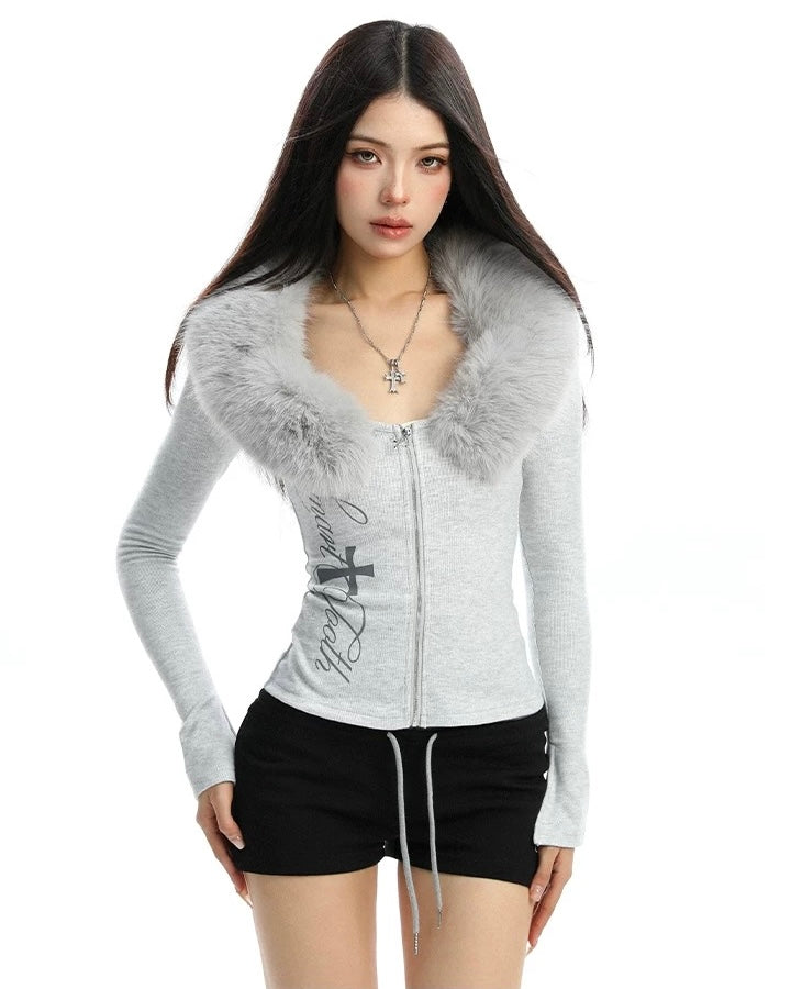 Slim Fit Fur Collar Top mry002103