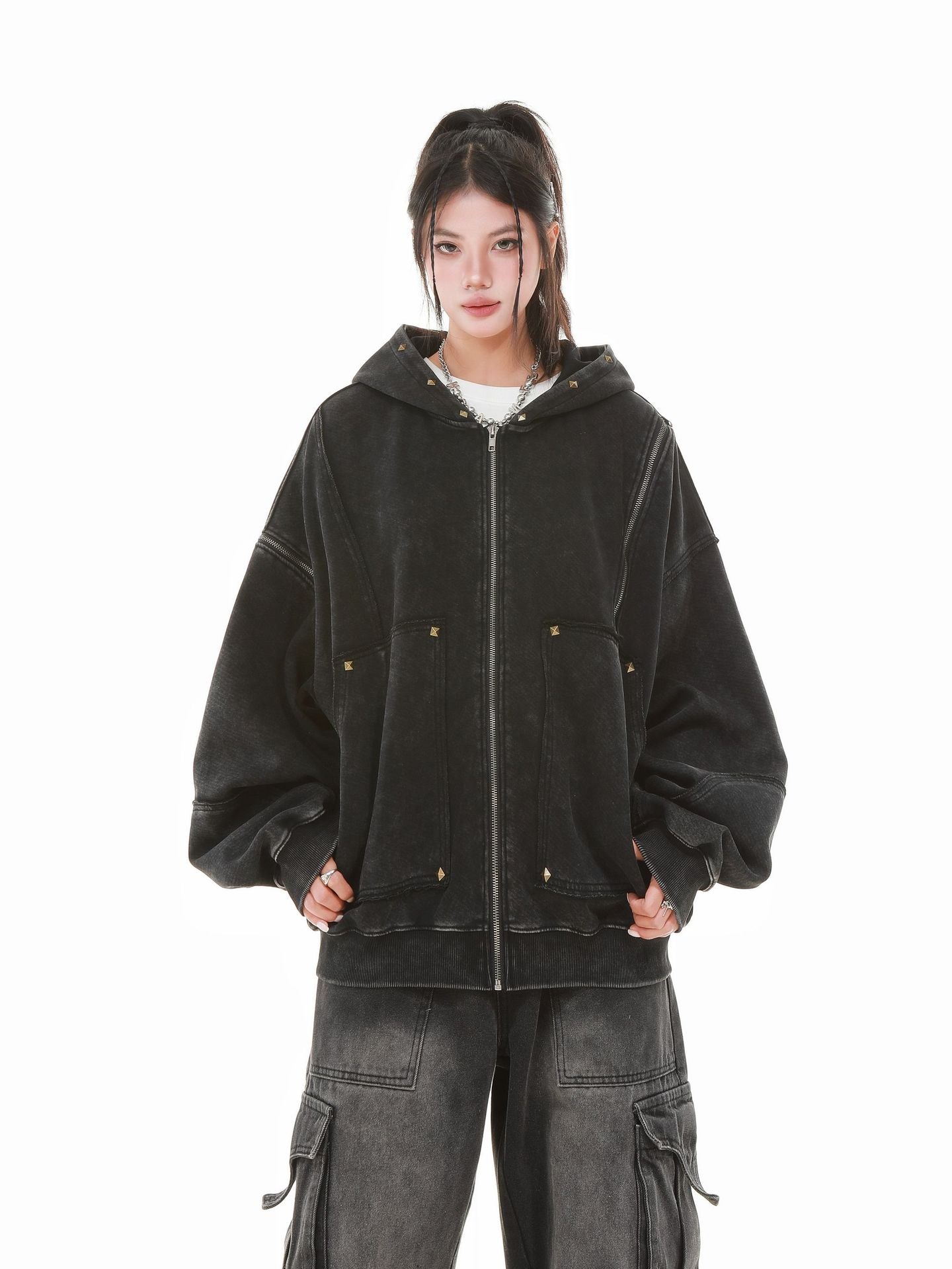 【評価★4.8以上】Vintage Washed Studded Overfit Hoodie Jacket mry001943