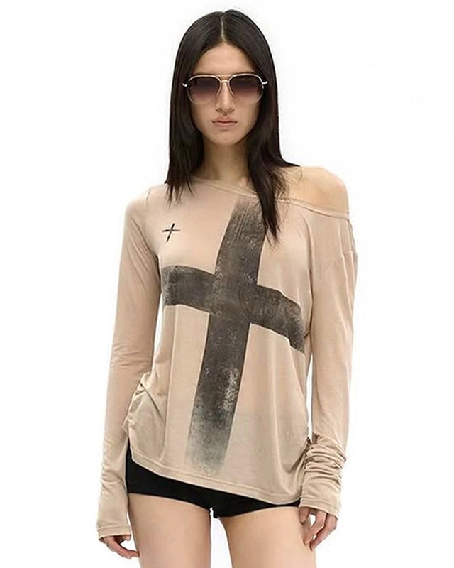 【2color】Cross Print Off Shoulder Tops mry001850