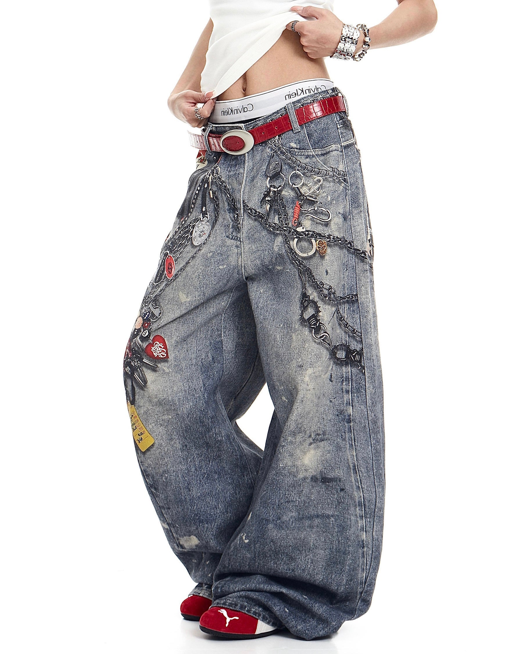【COVER:FIT】Retro Keychain Graphic Wide Denim Pants mry001919