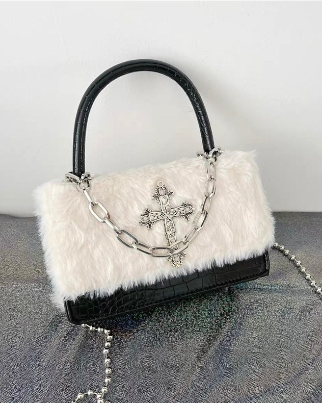 Faux Fur Cross Accent Handbag mry001854