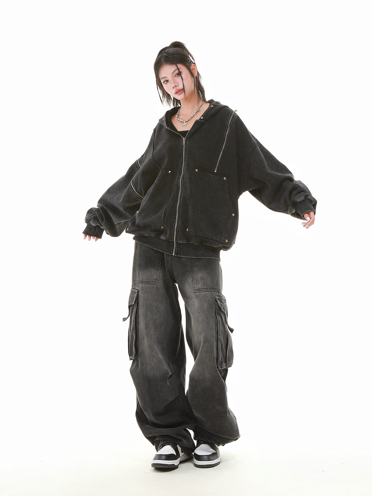 【評価★4.8以上】Vintage Washed Studded Overfit Hoodie Jacket mry001943