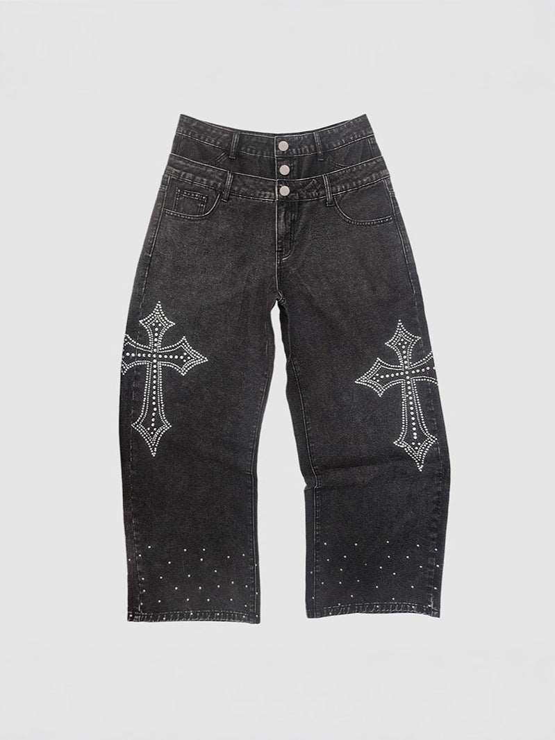 Rhinestone Cross Wide Leg Jeans mry002281