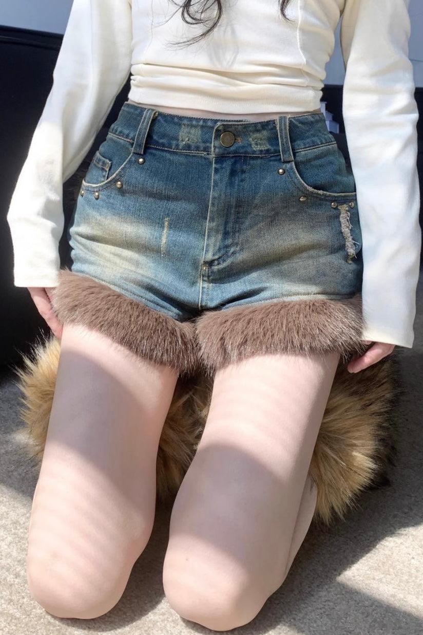 Fur-Trim Denim Shorts mry002129