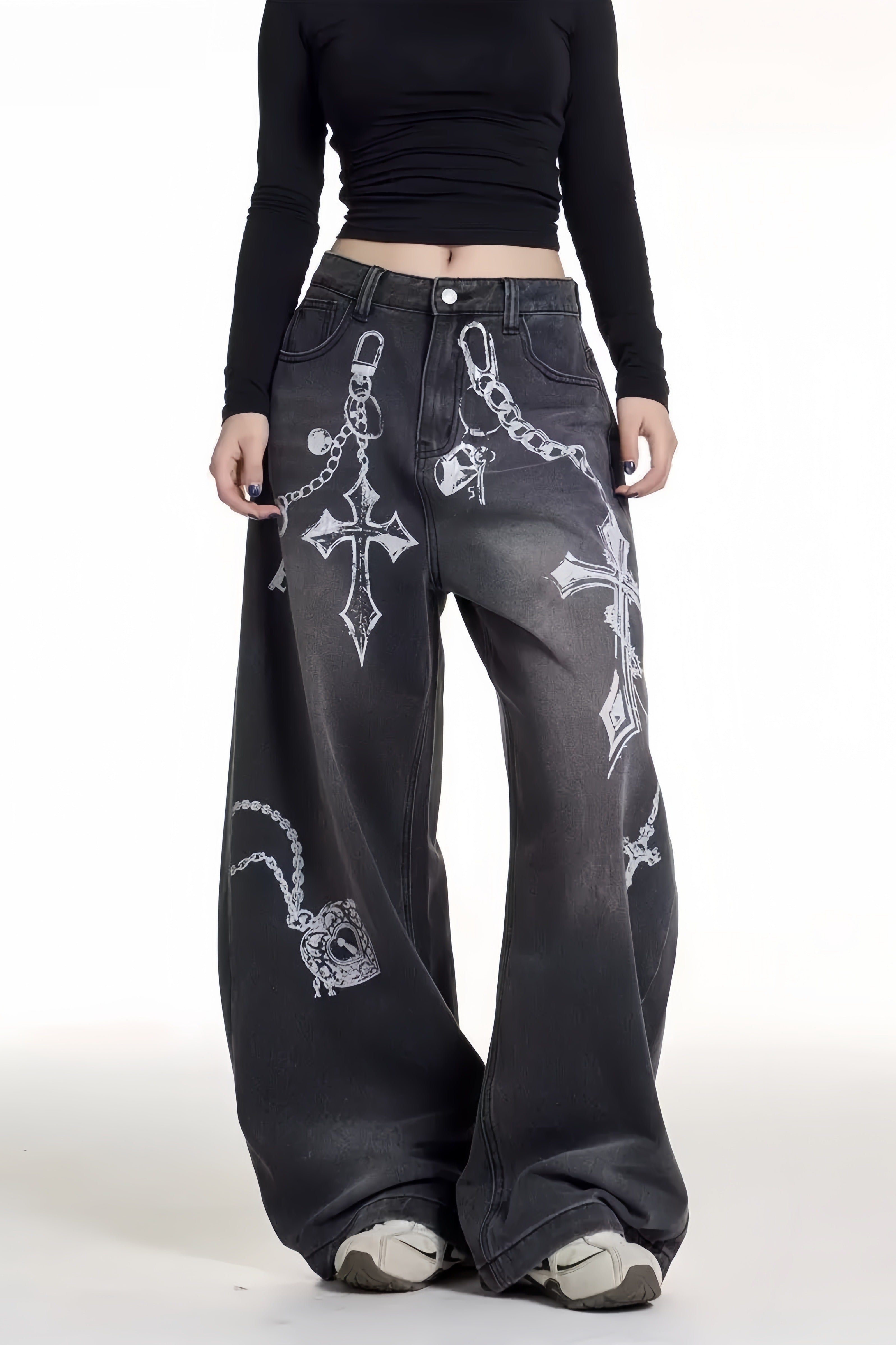 【ボトムス】クロスチェーングラフィックワイドデニムパンツ mry002367