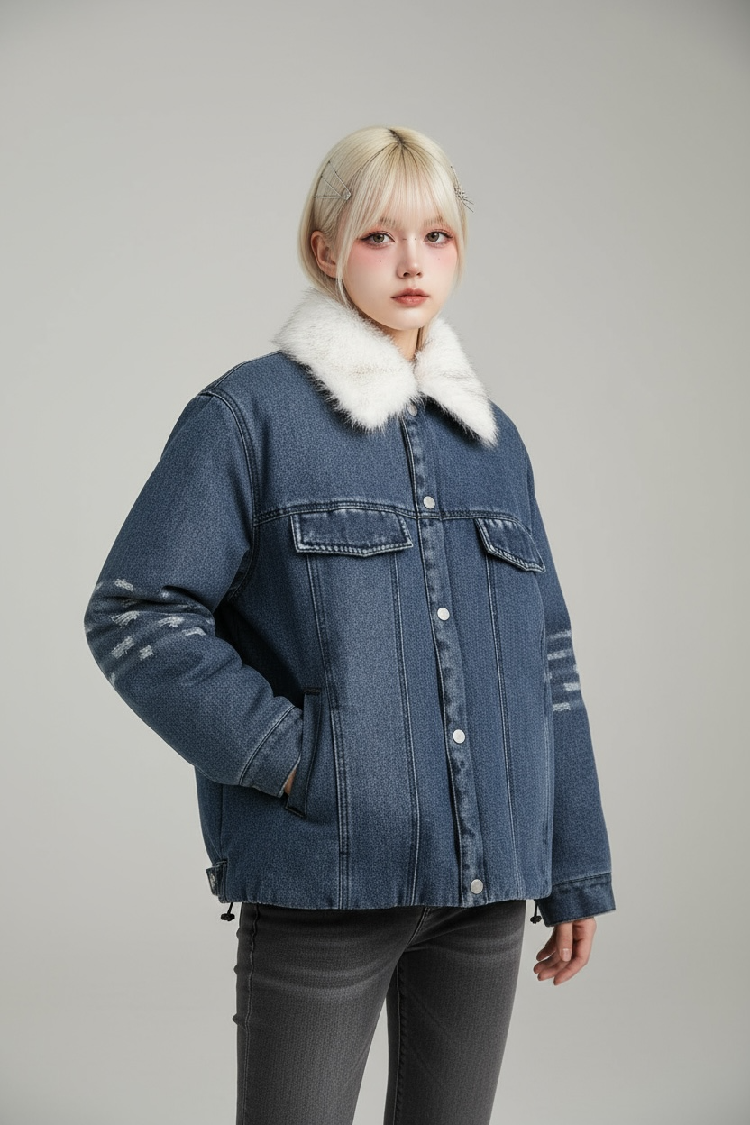 【2color】Faux Fur Collar Denim Jacket mry001824