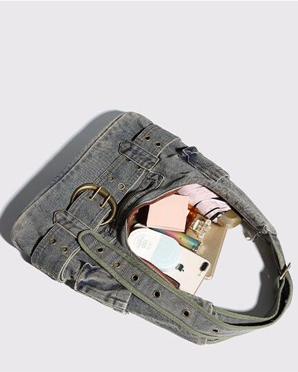 Washed Denim Belt Shoulder Bag mry002256