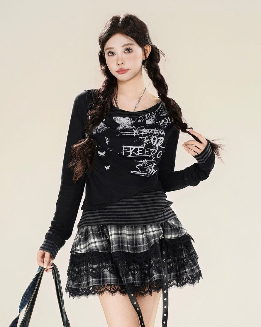 【2color】 Layered Graphic Mesh Long Sleeve Top mry001851