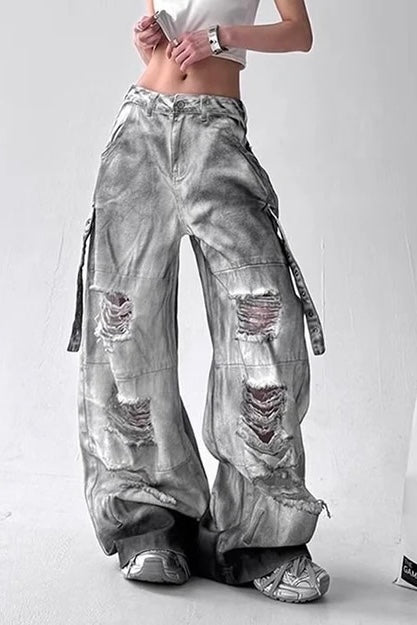 Washed Grey Distressed Cargo Pants mry001807