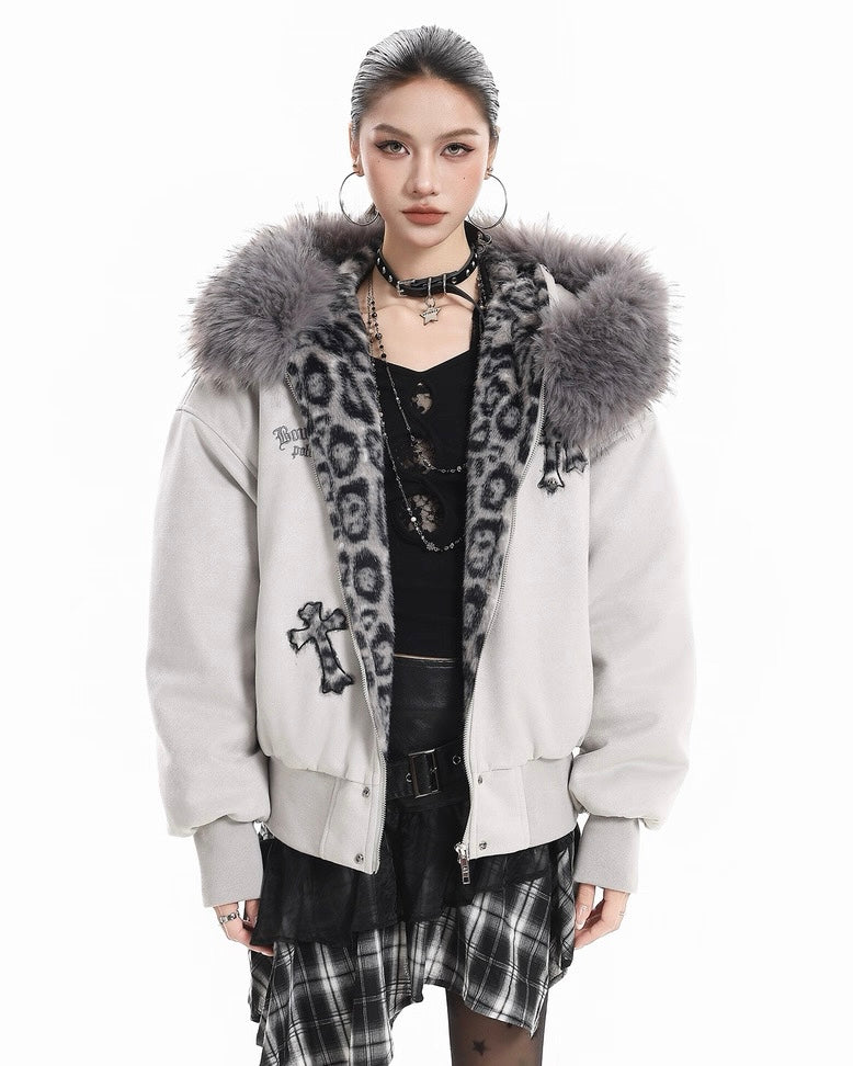 Leopard Lined Fur Hood Jacket mry002068