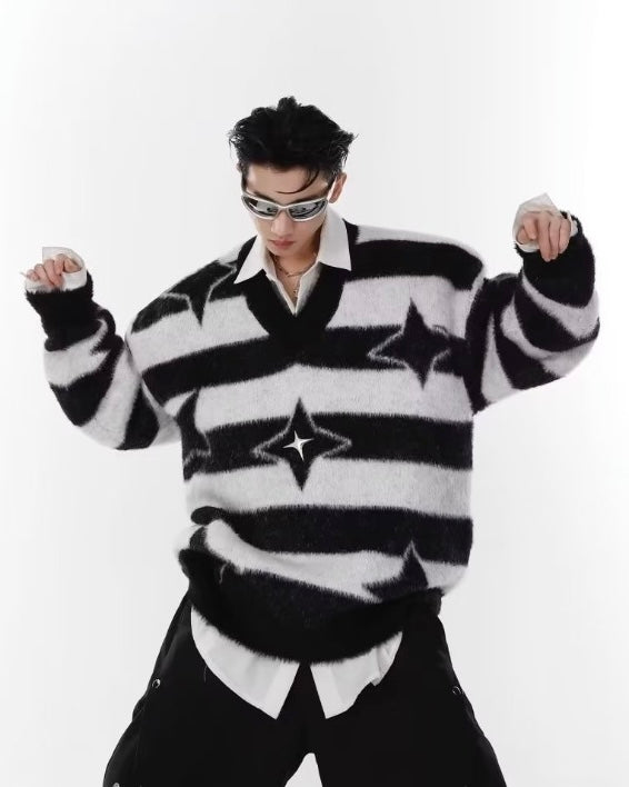 【2color】Star Pattern Striped Mohair Knit Sweater mry001827