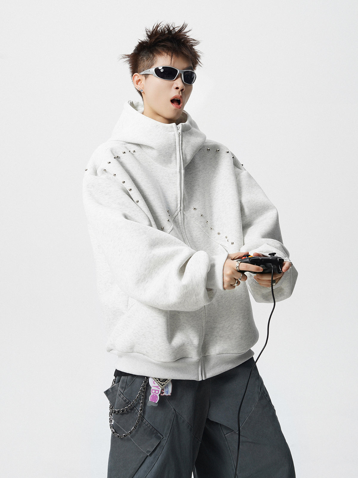 【評価★4.8以上/3color】Studded Oversized Zip Hoodie mry001897