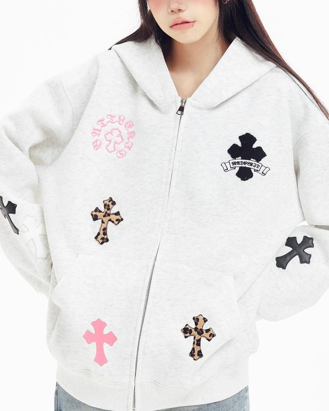 『評価★4.8以上/SNS大人気パーカー💥』【Tops】Leopard and Cross Embroidered Oversized Hoodie mry001896