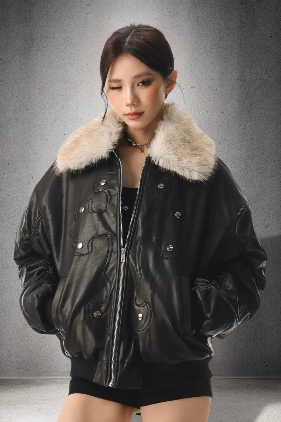 Fur Collar Cross Leather Jacket mry002018