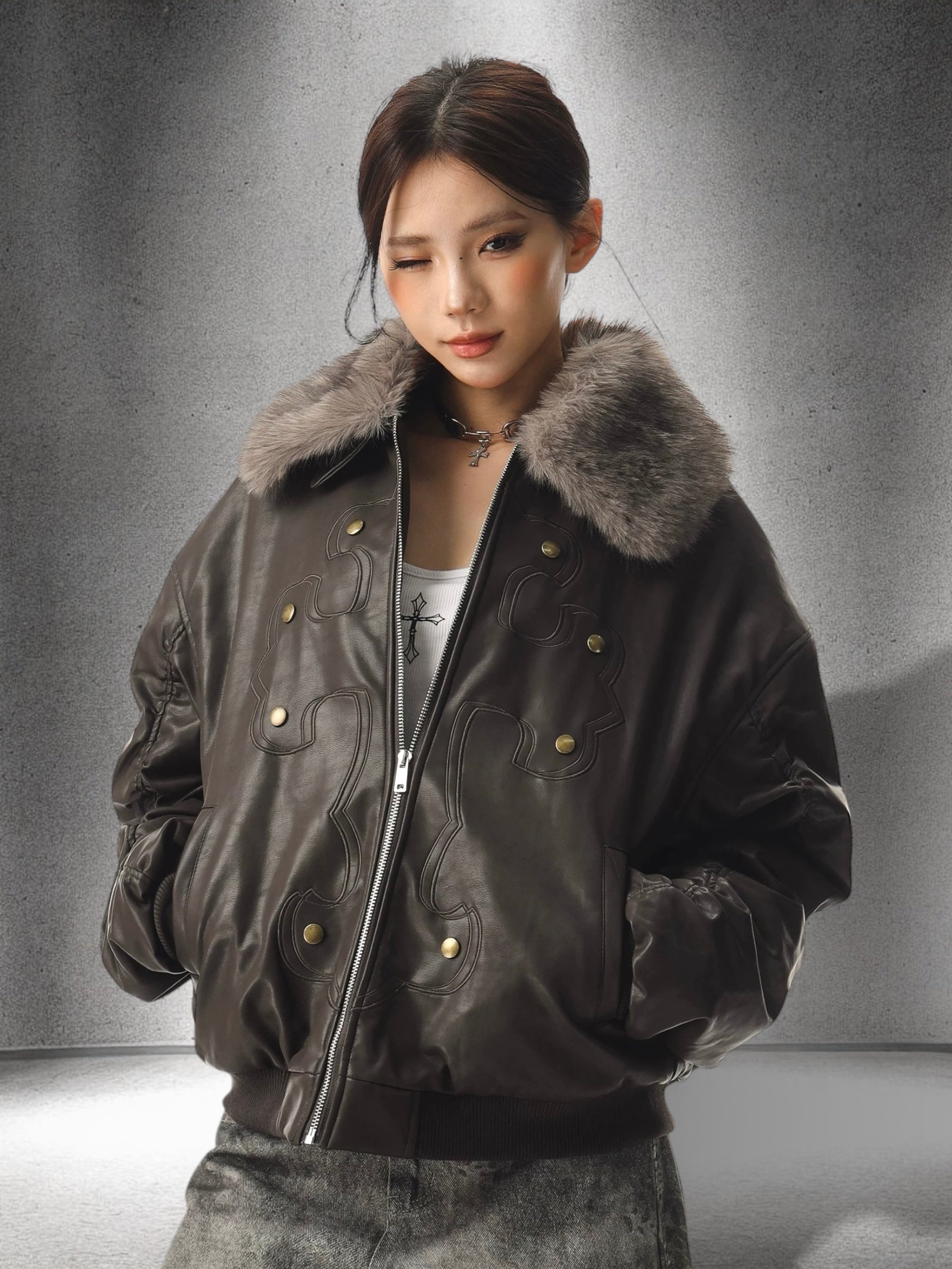 Fur Collar Cross Leather Jacket mry002018