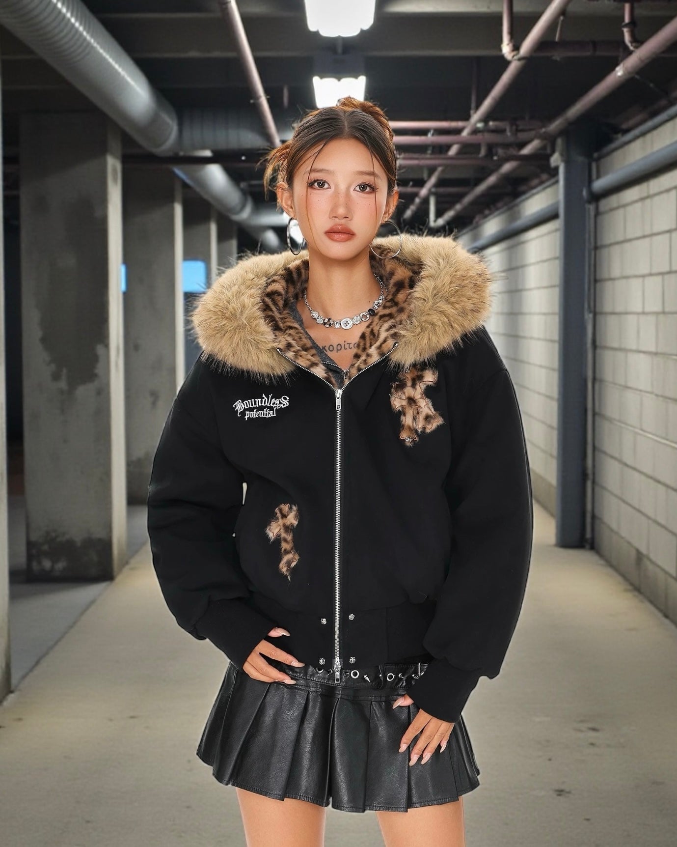 Leopard Lined Fur Hood Jacket mry002068