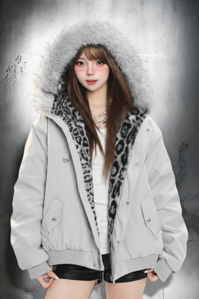 Leopard Lined Fur Hood Jacket mry002015