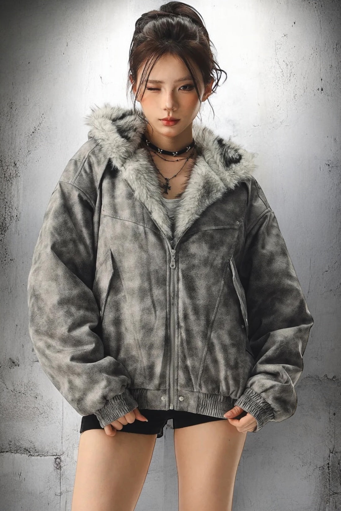 【評価★4.8以上】Vintage Washed Faux Fur Hooded Jacket mry001945