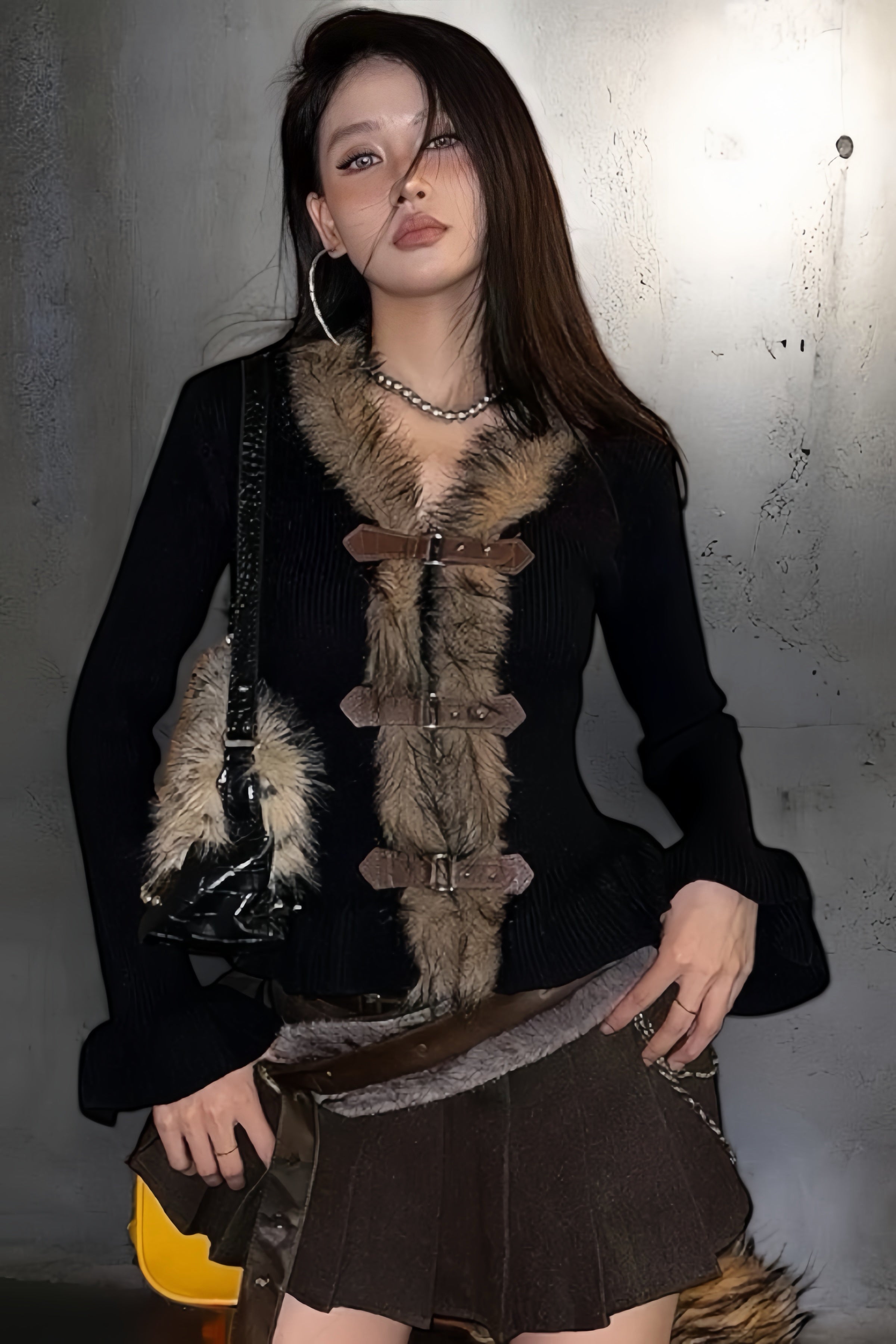 Faux Fur Toggle Knit Cardigan mry002093