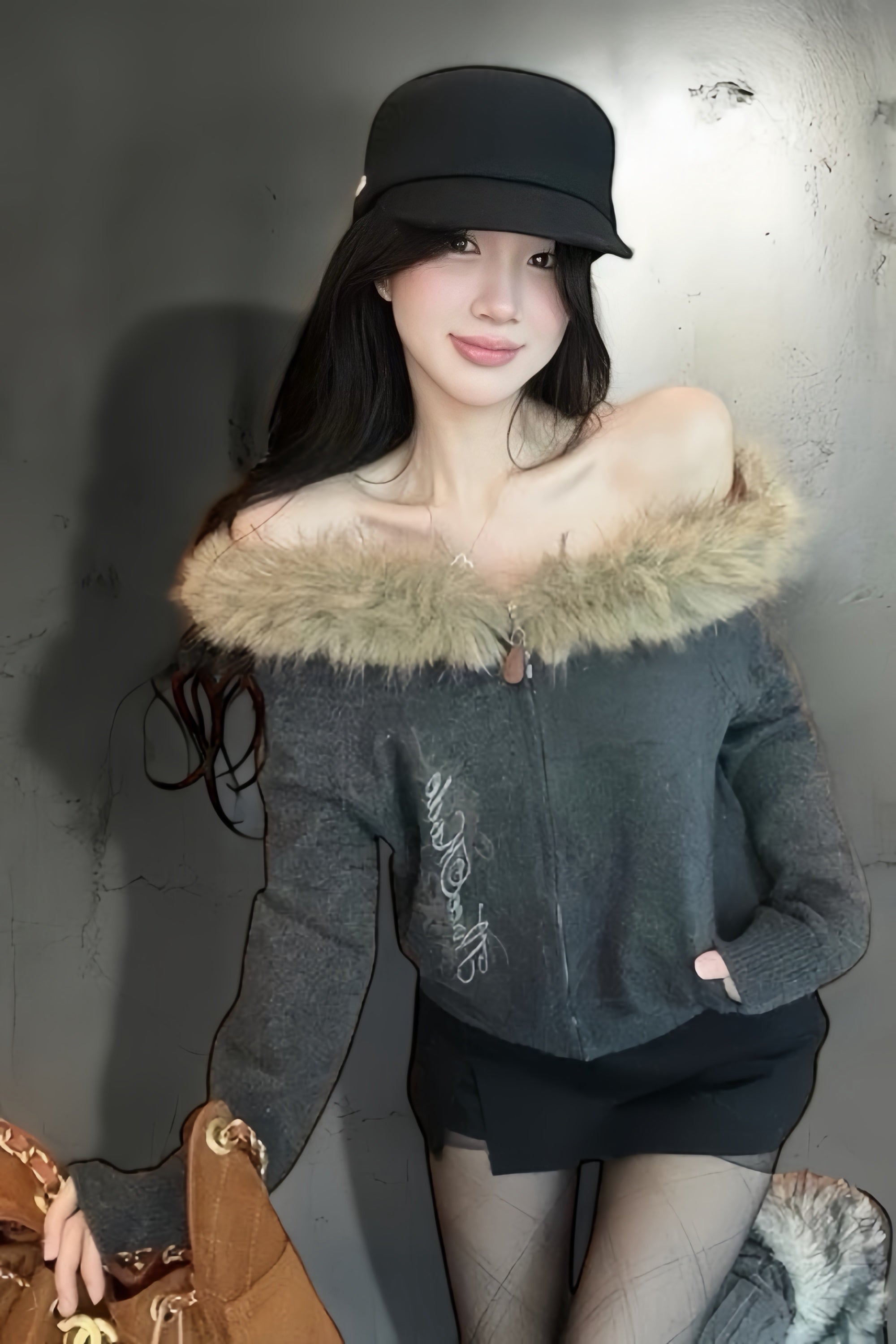 Off-Shoulder Faux Fur Zip Knit mry002083