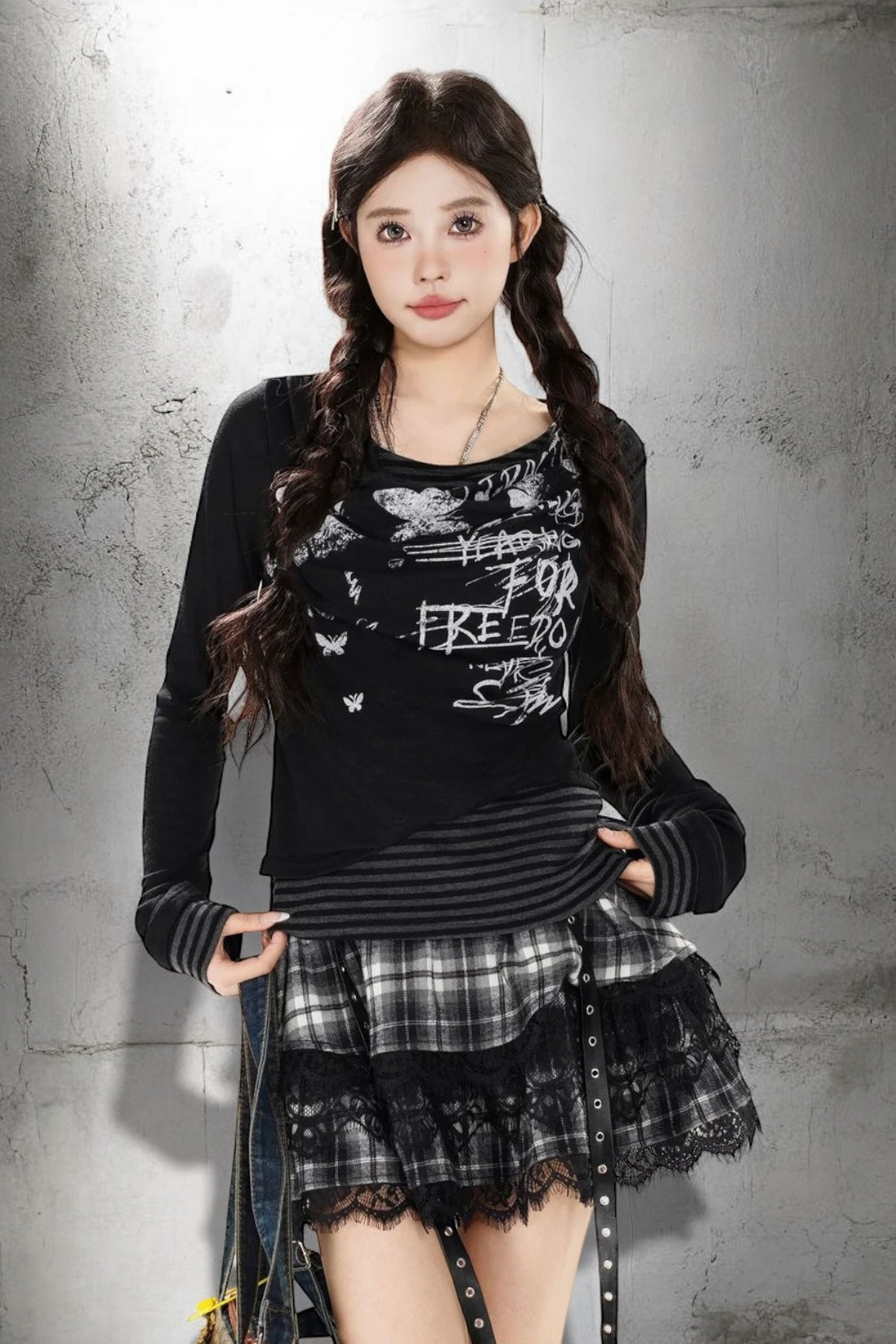 【2color】 Layered Graphic Mesh Long Sleeve Top mry001851