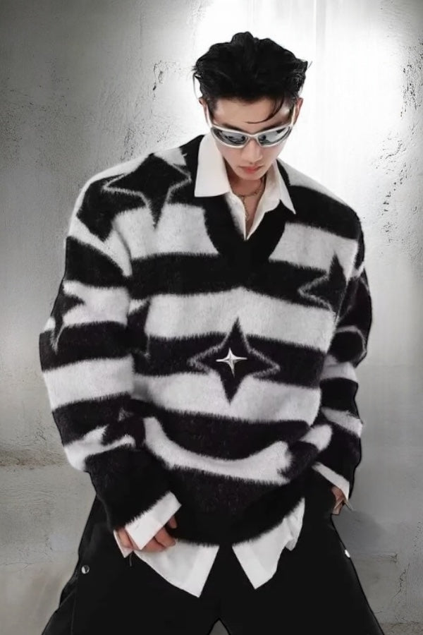 【2color】Star Pattern Striped Mohair Knit Sweater mry001827
